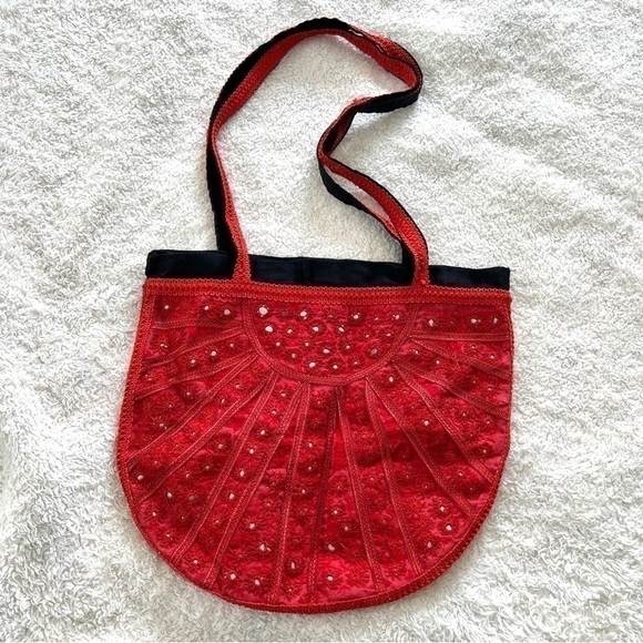 Handmade Red & Black Micro Mirror Boho Witchy Tote Bag - Picture 5 of 11